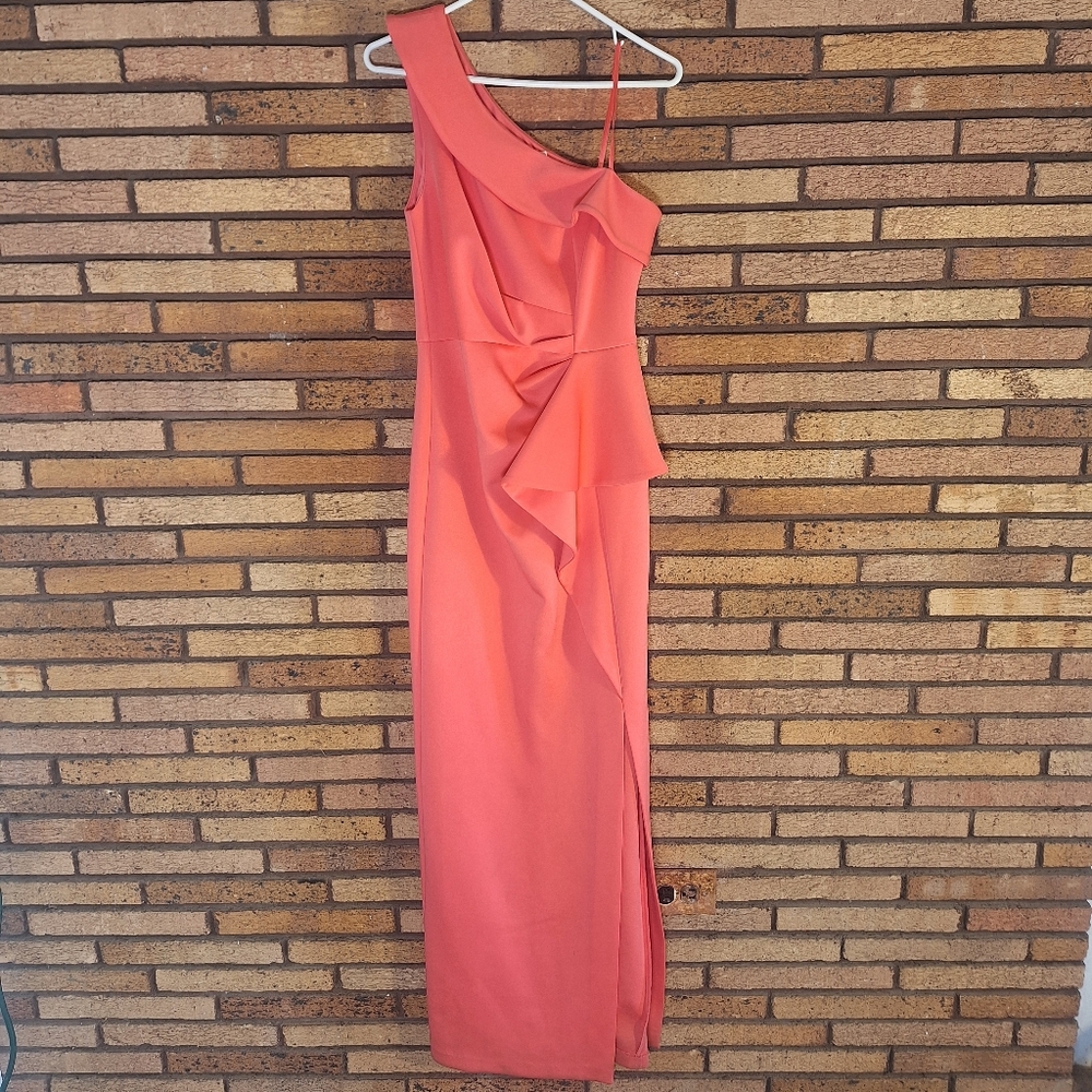 Eliza J Coral One-Shoulder Ruffle Gown